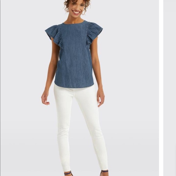 Tops - Blue Chambray Style Flutter Sleeve Top